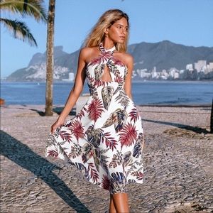 Tropical Halter Front Cross Summer Dress Palm Print